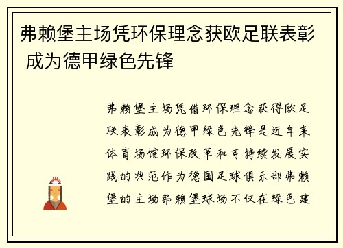 弗赖堡主场凭环保理念获欧足联表彰 成为德甲绿色先锋 弗赖堡主场凭环保理念获欧足联表彰 成为德甲绿色先锋